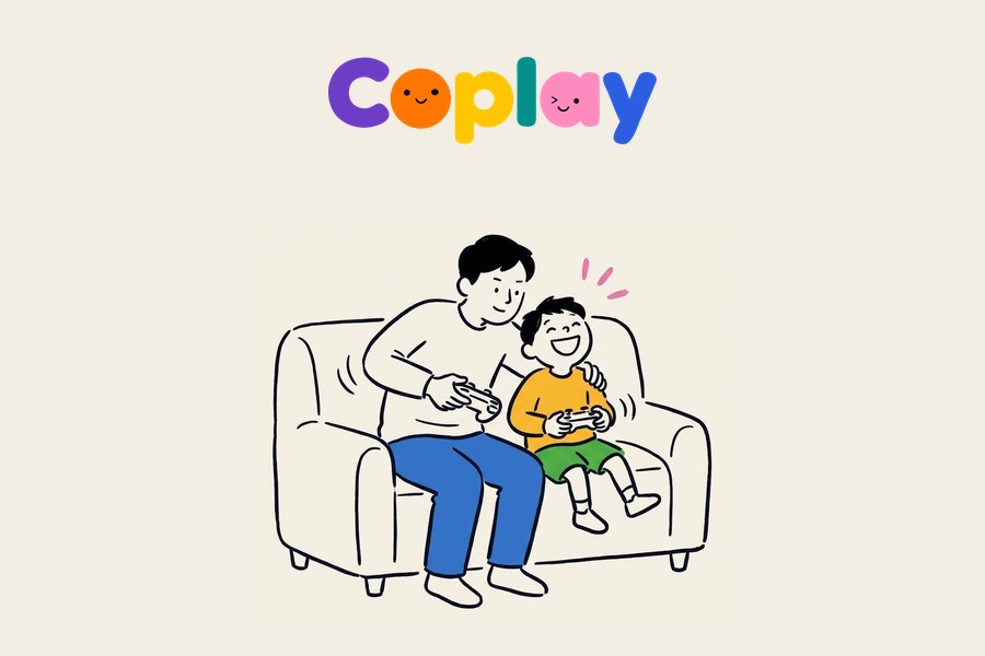 Coplay Club illustration: a parent and kid playing a game together on the couch