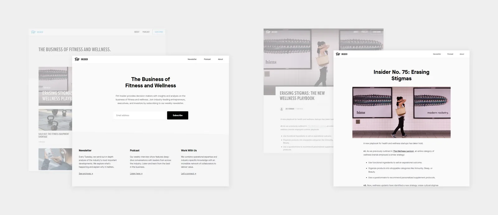 Fitt Insider’s home and article pages in 2020: the old WordPress site faded behind, the rebuilt site in front